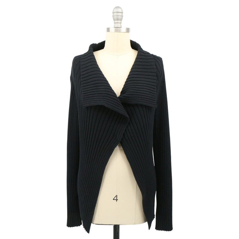 Calvin Tran Ribbed Lagenlook Asymmetrical Front Long Sleeve Cardigan Sweater